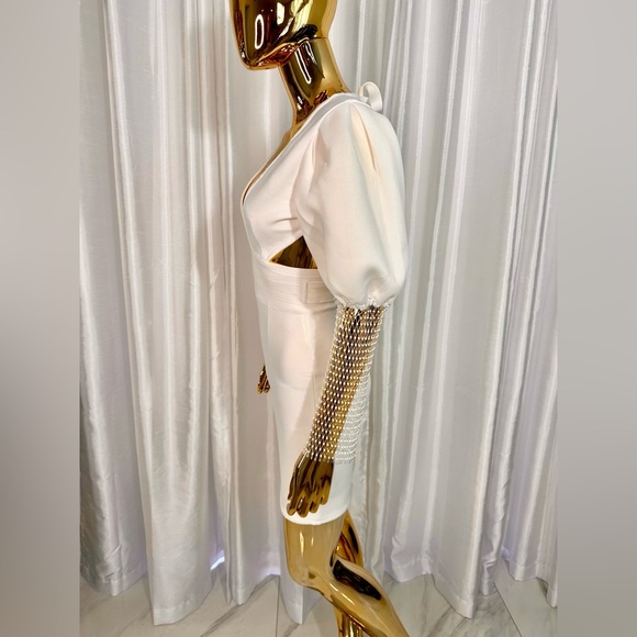 Ballon Sleeve Crystal Mesh Cut Out Mini Bandage Dress - Picture 3 of 7